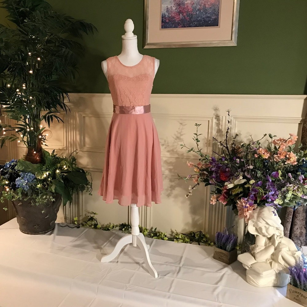 Short Casual Bridesmaid Blush pink lace & chiffon dress